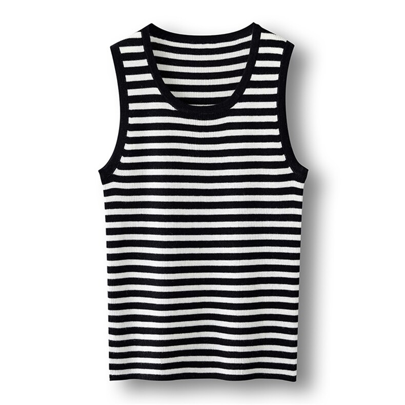 新款简约精纺羊毛圆领条纹坑条背心女百搭宽松显瘦时尚休闲上衣，女装羊毛衫，绒默