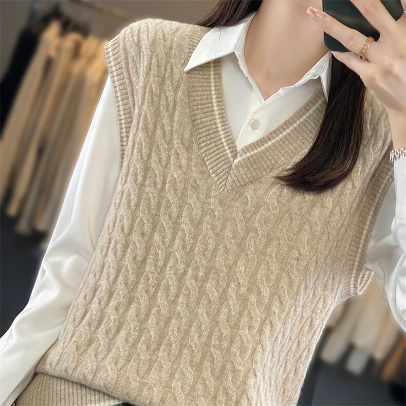 2023秋冬款V领麻花衫女无袖叠穿加厚宽松打底衫马甲上,女装马甲,蒙莲贝斯