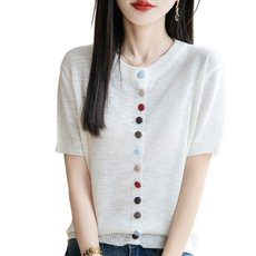 竹节麻彩色纽扣冰丝针织开衫女夏薄款宽松显瘦短袖T恤上衣小衫潮，女装T恤，菲奥羊绒