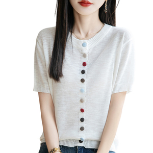 竹节麻彩色纽扣冰丝针织开衫女夏薄款宽松显瘦短袖T恤上衣小衫潮图片