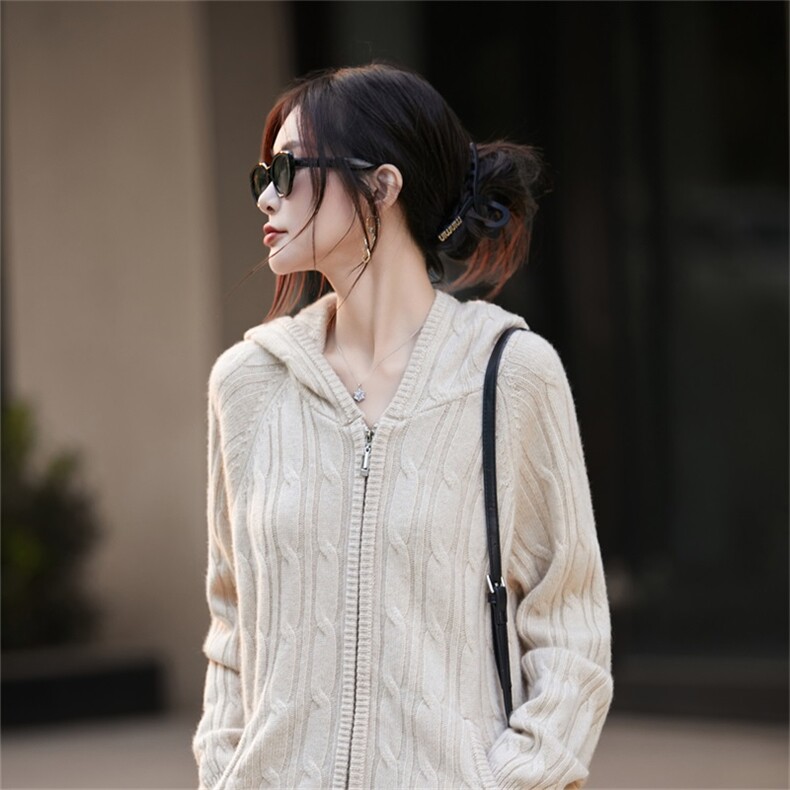 老钱风连帽拉链针织开衫女纯羊毛宽松慵懒毛衣外套2025新麻花上衣,女装羊毛衫,迅太羊绒