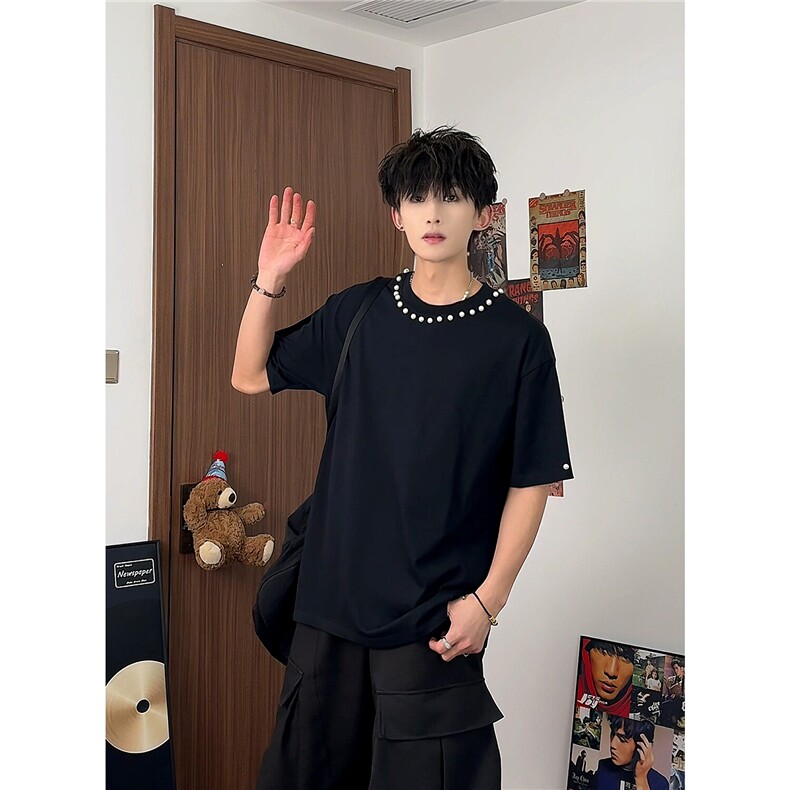 高货夏季新款重磅高品质手工珍珠抖音得物圆领短袖T恤G1201-P38,男装T恤,电商C310