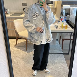 美式复古牛仔外套男秋季潮牌刺绣印花宽松潮流高街棒球服教练夹克图片