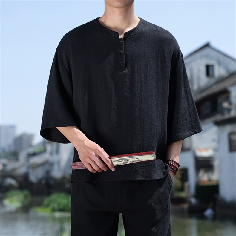 2025夏季风七分袖立领上衣盘扣休闲纯色T恤宽松大码T2510-P60,男装T恤,电商A008