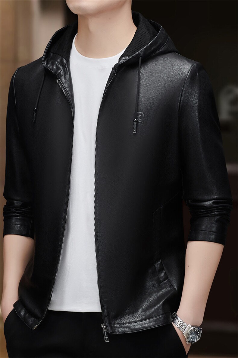 皮尔卡丹男士2025年春季新款潮流连帽机车上衣服休闲皮夹克外套男,男装夹克,电商B212（原钱塘6029）