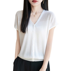 夏季新款14针天丝V领镂空开衫女修身显瘦百搭时尚休闲上衣，女装T恤，贵皇网供仓