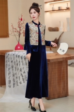 新中式国风丝绒套装女2024春秋新款高端刺绣唐装马甲半身裙三件套，女装套装/套裙，众宇琦