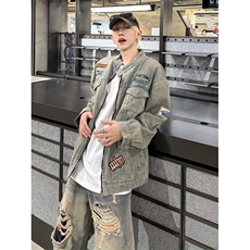 美式高街牛仔外套男韩版潮流宽松字母刺绣2025秋冬夹克W6171-P70，男装工装外套，星座412-3