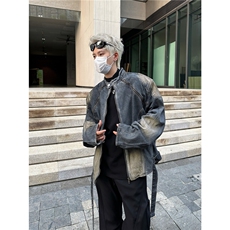 男士高街夹克短款盔甲风水洗立领收腰腰带垫肩牛仔外套JK8962，男装工装外套，星座1116A-1（原606A）