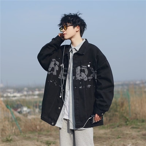 美式牛仔外套男春秋新款潮牌宽松印花男复古上衣服夹克W4998-P59图片