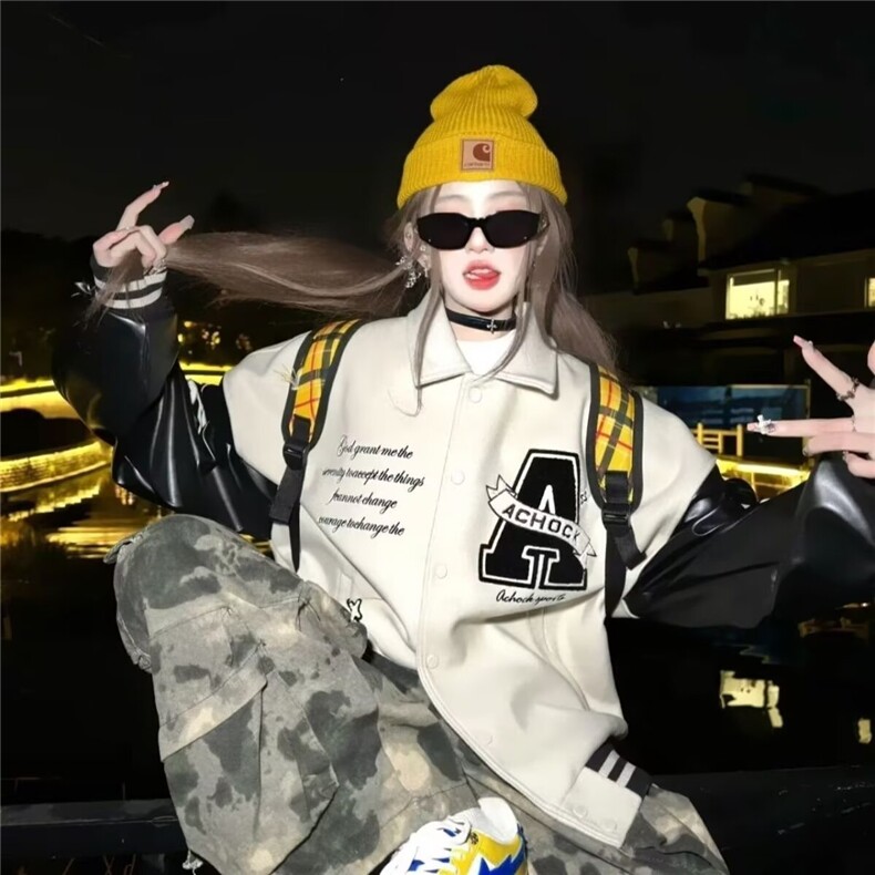 W501-P59 美式复古棒球服外套春季新款翻领刺绣情侣立领夹克图片