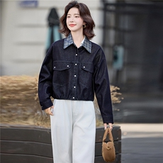 2025年秋季新款撞色拼接牛仔外套格纹拼接衬衫领牛仔上衣，女装短外套，慕依路