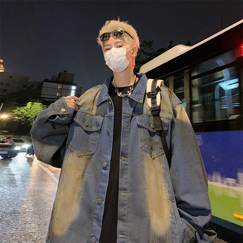 高街美式复古做旧牛仔外套男女春秋季宽松bf风夹克上衣21811-p65图片