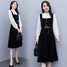 2021春季新款简约潮流时尚个性蕾丝拼接假两件套修身收腰连衣裙，女装连衣裙，瑶迪依秀