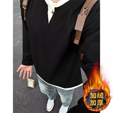 黑色假两件长袖t恤男春秋重磅硬挺无帽卫衣cleanfit高级感打底衫，男装T恤，星座506A