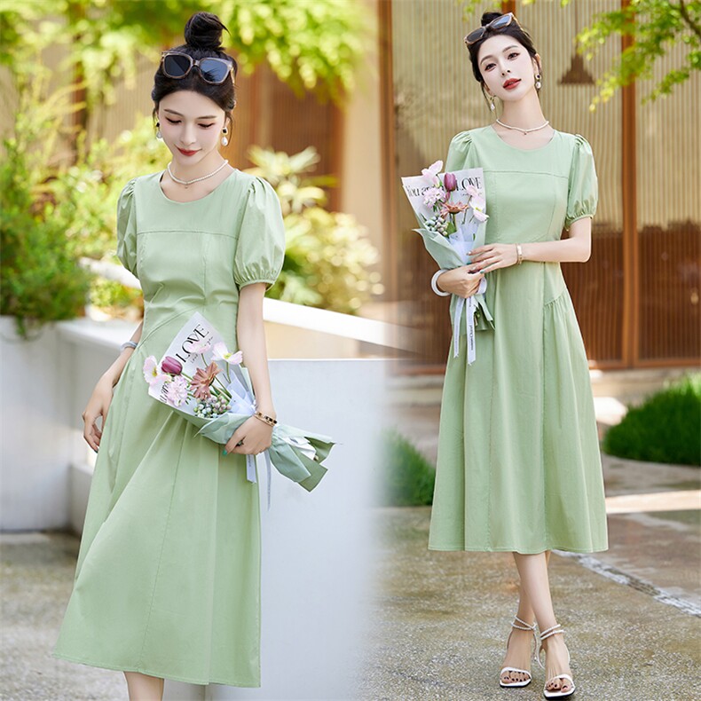 清新绿色纯棉连衣裙女2025夏季新款泡泡袖褶皱收腰显瘦气质长裙子，女装连衣裙，盈茜