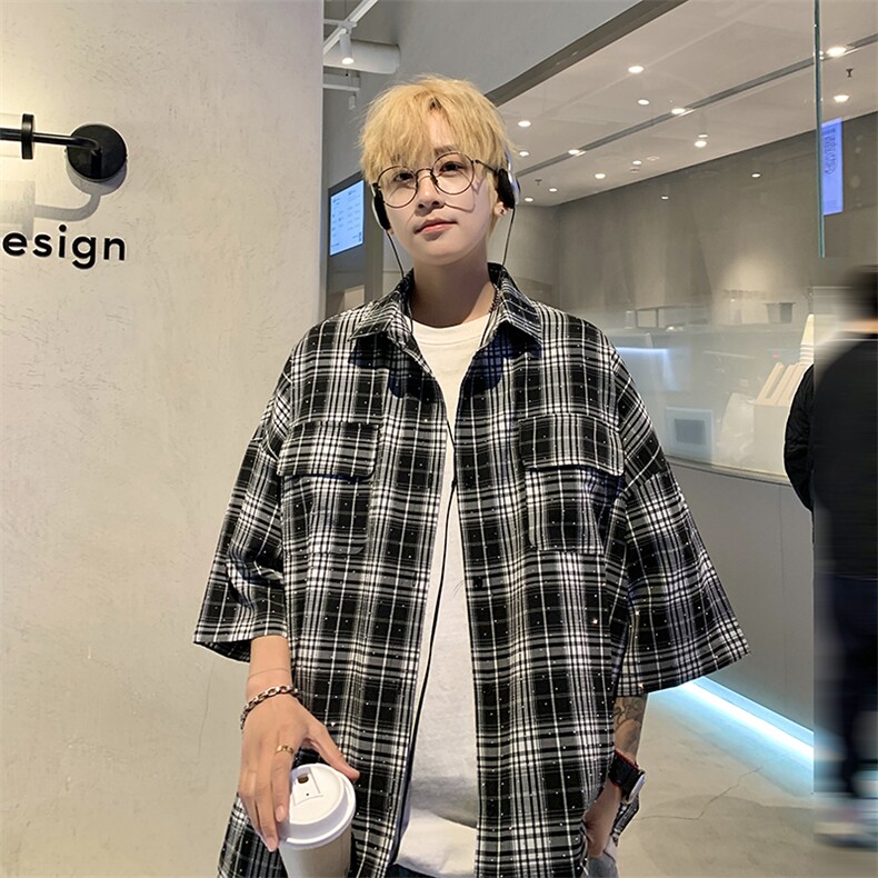 高品质重工烫钻格子短袖衬衫满天星男士帅气百搭衬衣c107,男装T恤,星座903-1