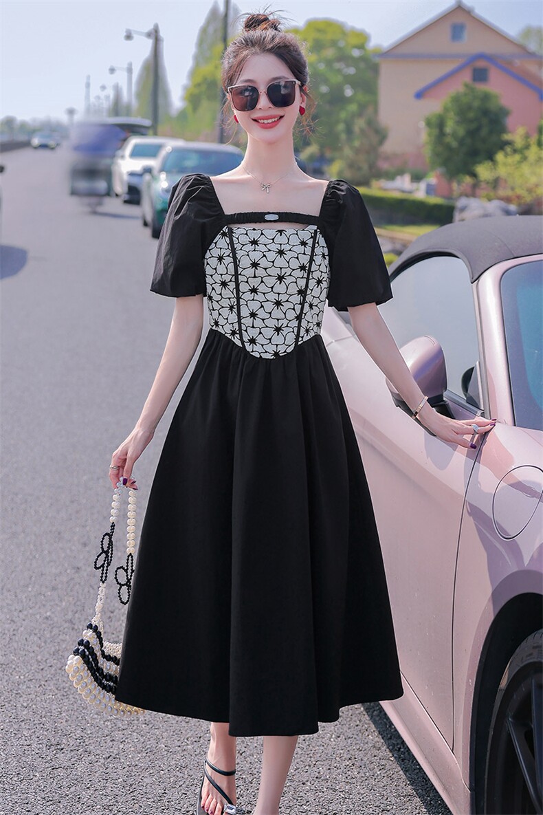 现货2023年夏季新款女装时尚气质显瘦民族风拼接连衣裙,女装连衣裙,韩蜜菓