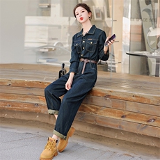 欧洲站时髦流行深色牛仔连体裤潮2025春新款女休闲减龄显瘦连衣裤，女装连体裤，瑶迪