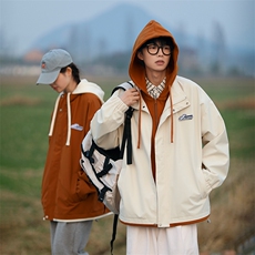 春秋款工装连帽假两件夹克潮流拼色宽松冲锋衣外套JK8310-P65，男装夹克，电商B306
