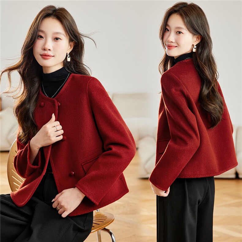 红色双面呢外套女2025秋冬新款气质双排扣小个子显瘦时尚妮子大衣，女装双面呢大衣，拾衣
