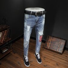 2021夏季薄款贴布牛仔裤男潮牌修身小脚九分裤QT6027-89080，男装牛仔裤，电商D218