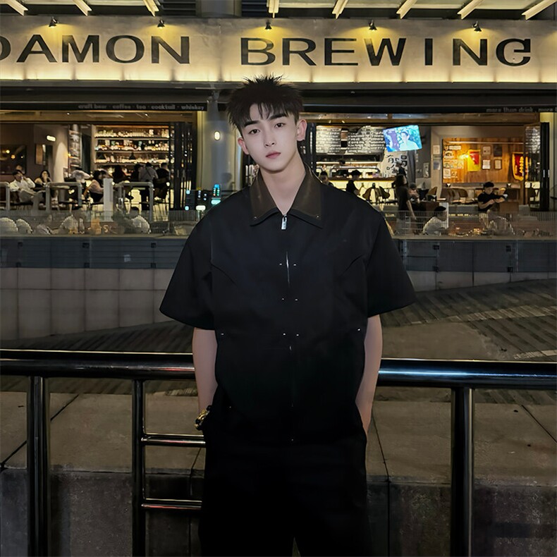 2025夏季小众设计干金属拉链翻领拼皮潮男短袖上衣D07/P90控130,男装T恤,星座305B