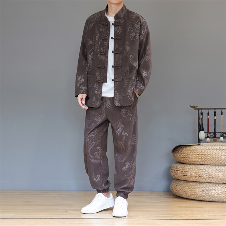 2025秋冬新款灯芯绒风龙纹休闲套装唐装民族风2518-P140，男装民族服装，电商A057B