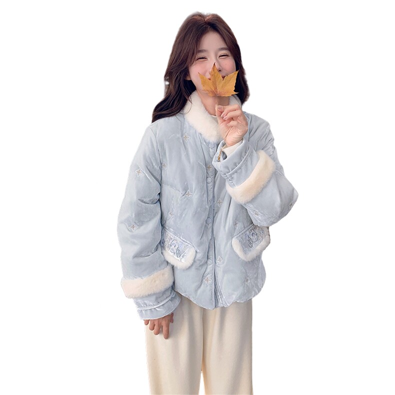 新中式国风减龄拼接毛毛羽绒服女2025冬季新款显瘦加厚白鸭绒外套,女装羽绒服,2C057