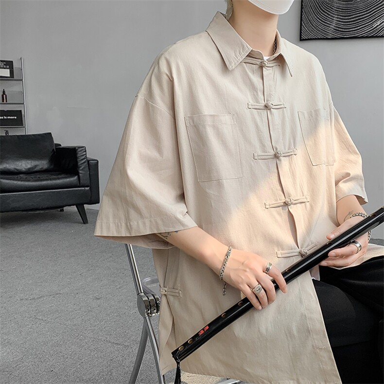 CS7122-P45特控78大码凉爽新中式侧面开衩盘扣复古衬衫已下单,男装衬衫,电商D232