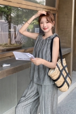 灰色轻熟风简约气质背心套装女2025夏新款爆款高级感阔腿裤两件套，女装套装/套裙，2C353