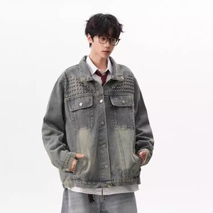 重工铆钉牛仔外套男春秋潮牌美式潮复古宽松水洗重磅夹克上衣网图图片