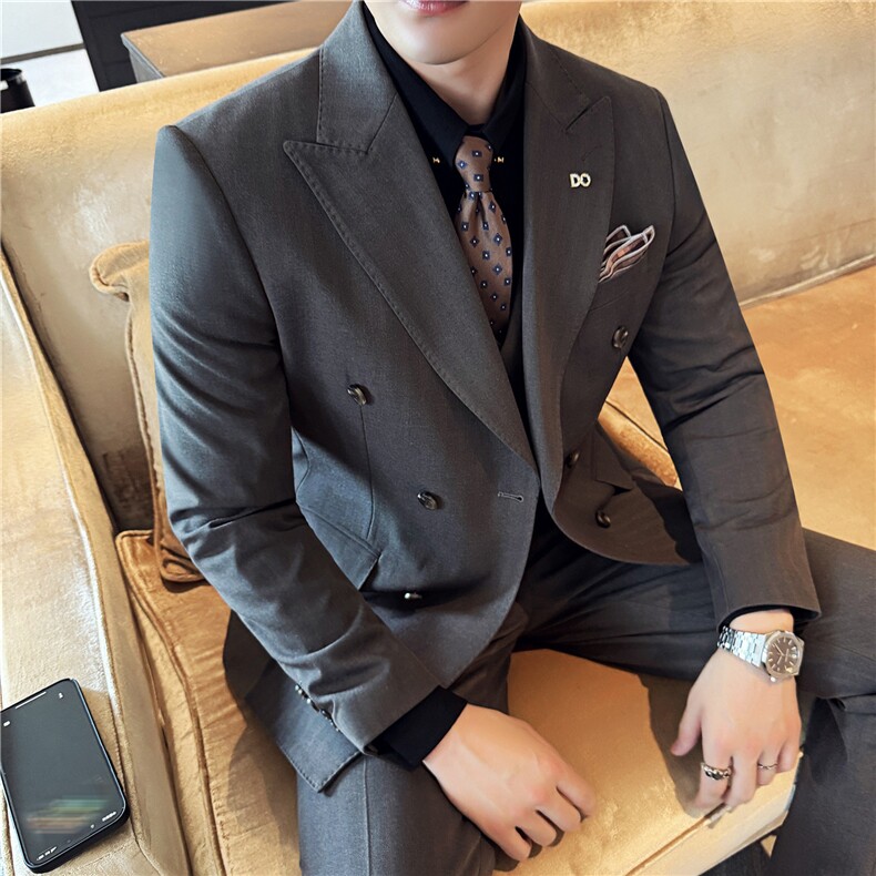 秋冬主推~厚款暗条纹色织高档双排扣西装三件套西服SJT8068-P295,男装西服,电商A213