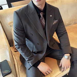 秋冬主推~厚款暗条纹色织高档双排扣西装三件套西服SJT8068-P295图片