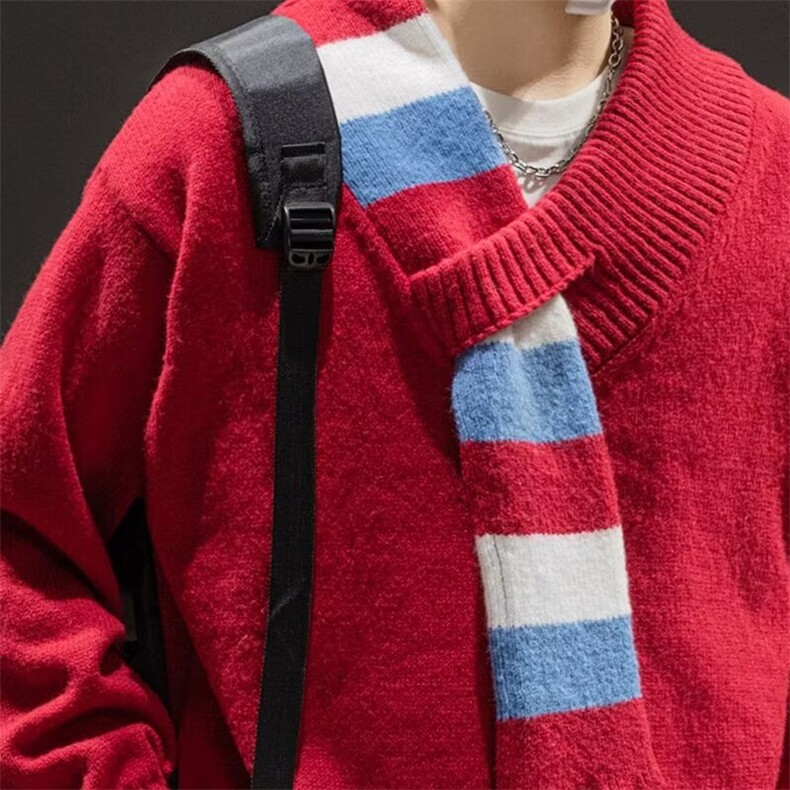 小众设计围巾领毛衣男宽松V领针织衫套头红色上衣情侣,男装针织衫/毛衣,星座410-7
