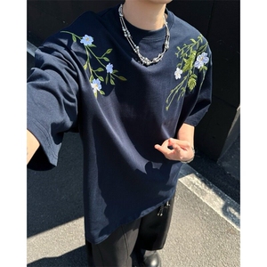 新款t恤男纯棉花卉刺绣ins潮牌重磅上衣男女款百搭宽松半短袖图片