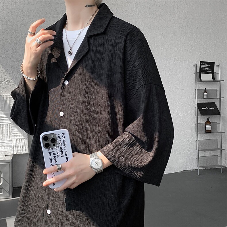 现货CS1136-P35控58新款夏七分袖戗驳领衬衫大码冰丝速干短袖,男装T恤,电商A059