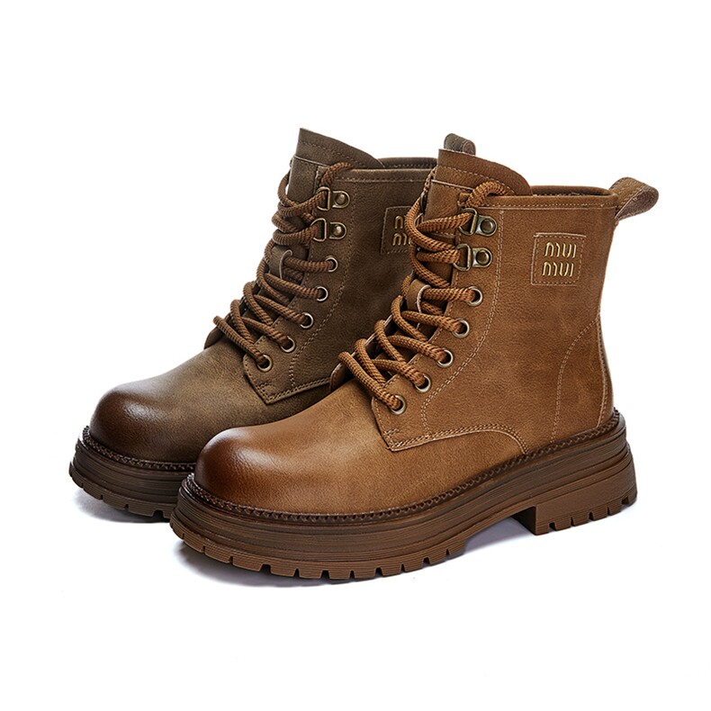 真皮大黄靴女2024秋冬新款复古粗跟马丁靴英伦风显瘦短靴百搭女靴，女鞋马丁靴，电商A223