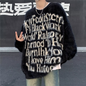 美式字母毛衣女秋冬慵懒风针织衫男中性宽松外套超火黑色网红情侣,美女搭配黑色连衣裙图片