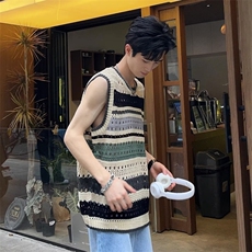 762-P33美式撞色条纹背心男款春季潮牌针织镂空衣服坎肩毛衣无袖，男装T恤，电商B323A