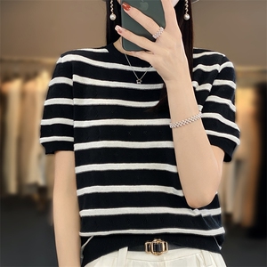 时尚显瘦条纹短袖针织衫 宽松百搭圆领上衣 舒适柔软面料,女装针织衫/毛衣,郡淞羊绒