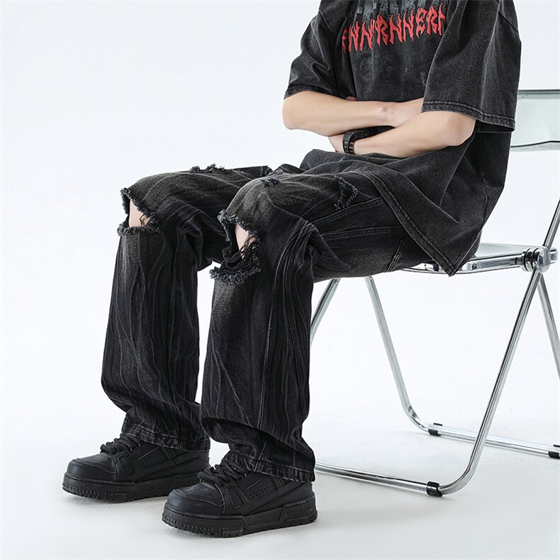 B221美式ins高街暗黑小众微喇破洞牛仔裤LK24184-P65控88,男装牛仔裤,电商B221