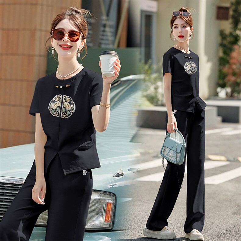 新中式绣花休闲运动套装2024女夏季新款洋气显瘦短袖套装，女装套装/套裙，浪花E族（衣布洛）