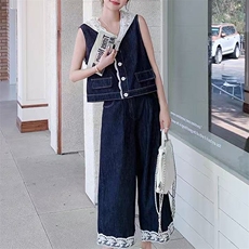蕾丝拼接牛仔马甲背心白T九分阔腿裤时尚三件套套装女，女装套装/套裙，韩蔻秀
