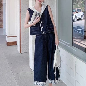 蕾丝拼接牛仔马甲背心白T九分阔腿裤时尚三件套套装女