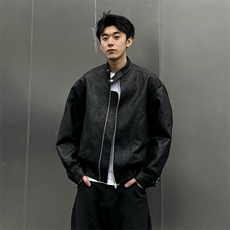 现货蜡洗龟裂纹两色高品质水洗做旧PU皮夹克W2509，男装夹克，电商C313