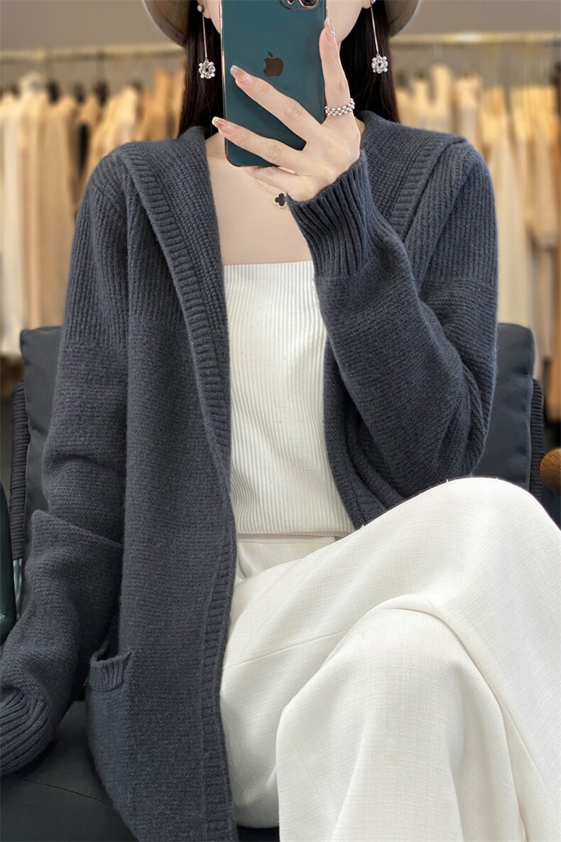 中长款连帽羊绒开衫女长袖针织外套毛衣宽松羊毛衫带兜上衣,女装羊毛衫,忠诺羊绒