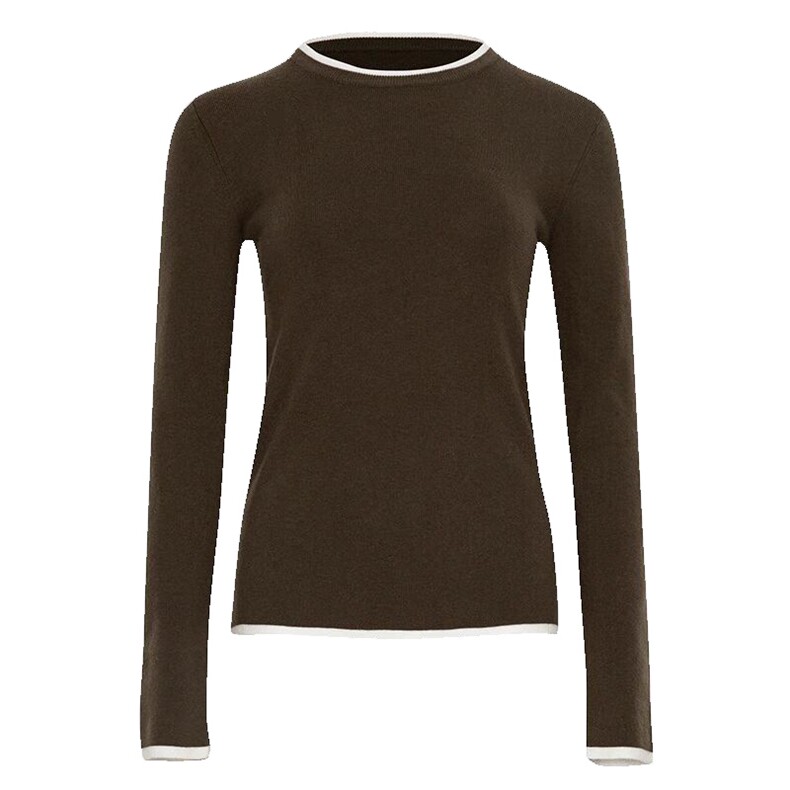 长袖圆领拼接时尚套头2024年秋季简约修身针织衫，女装针织衫/毛衣，挚尚羊绒