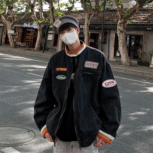 美式机车牛仔外套男士2026秋冬季新款撞色宽松拉链夹克JK5529/P80图片