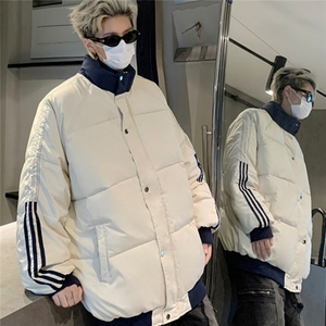 米白色文艺慵懒风棉服男冬季加厚面包服外套美式复古条纹立领棉衣图片